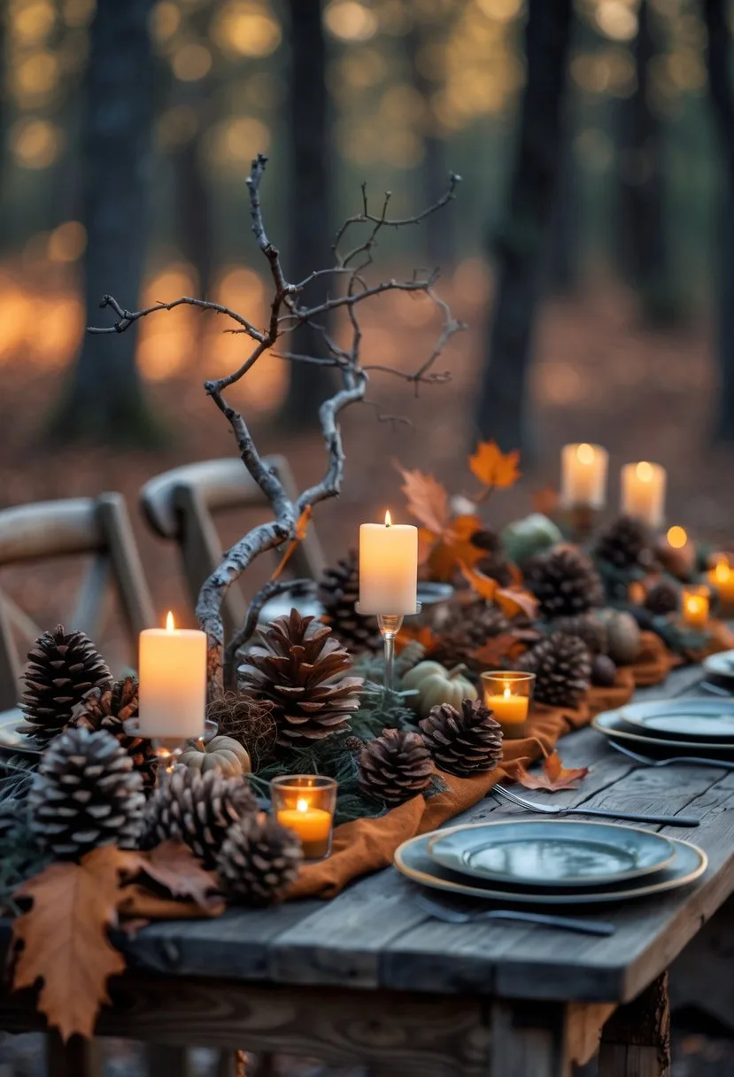 An outdoor table set for a Halloween glamping party with pine cones, dried leaves, branches, and candles arranged on a wooden surface.