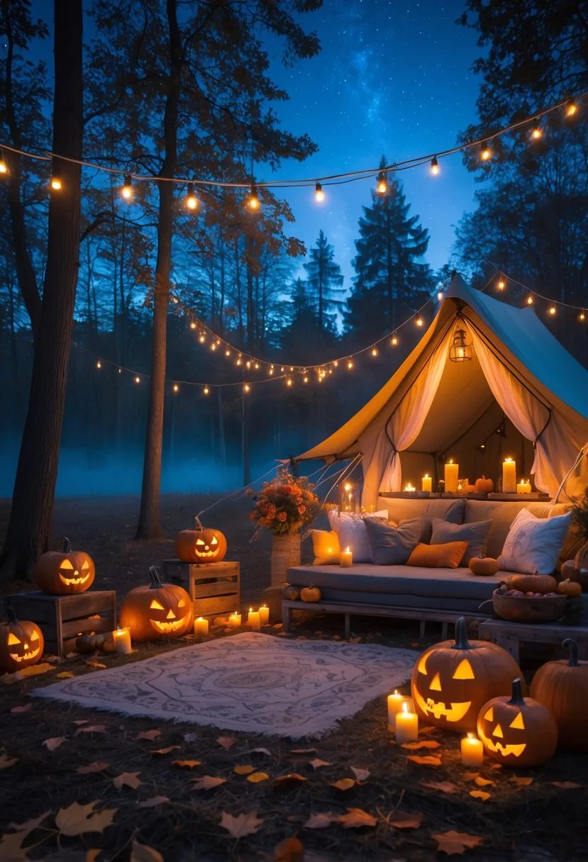 A cozy Halloween glamping setup in a forest clearing with a decorated tent, glowing pumpkins, string lights, and autumn decorations at twilight.