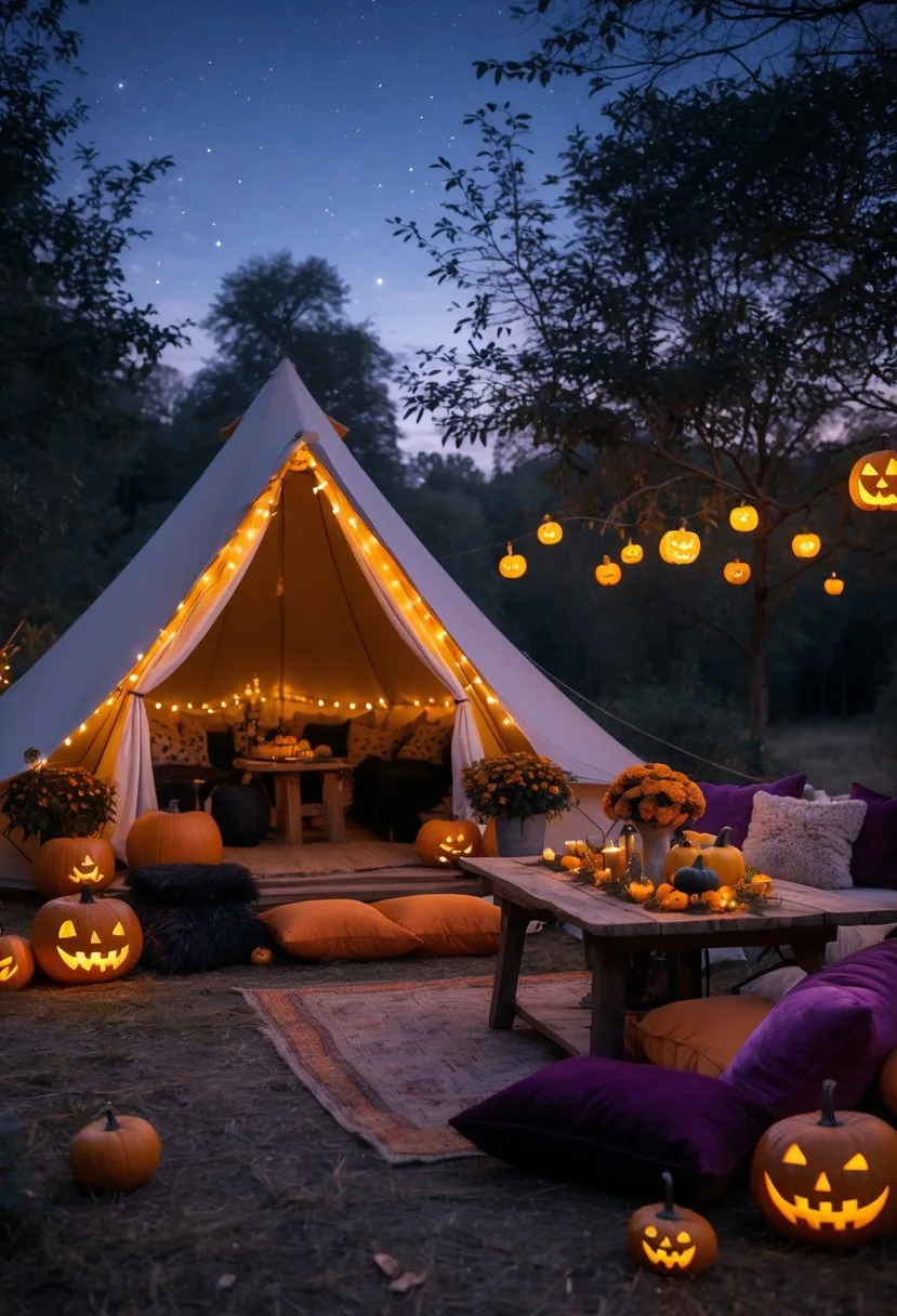 An outdoor Halloween glamping setup with a lit canvas tent, decorated table with pumpkins, jack-o'-lanterns, and cozy seating in a forest clearing at dusk.
