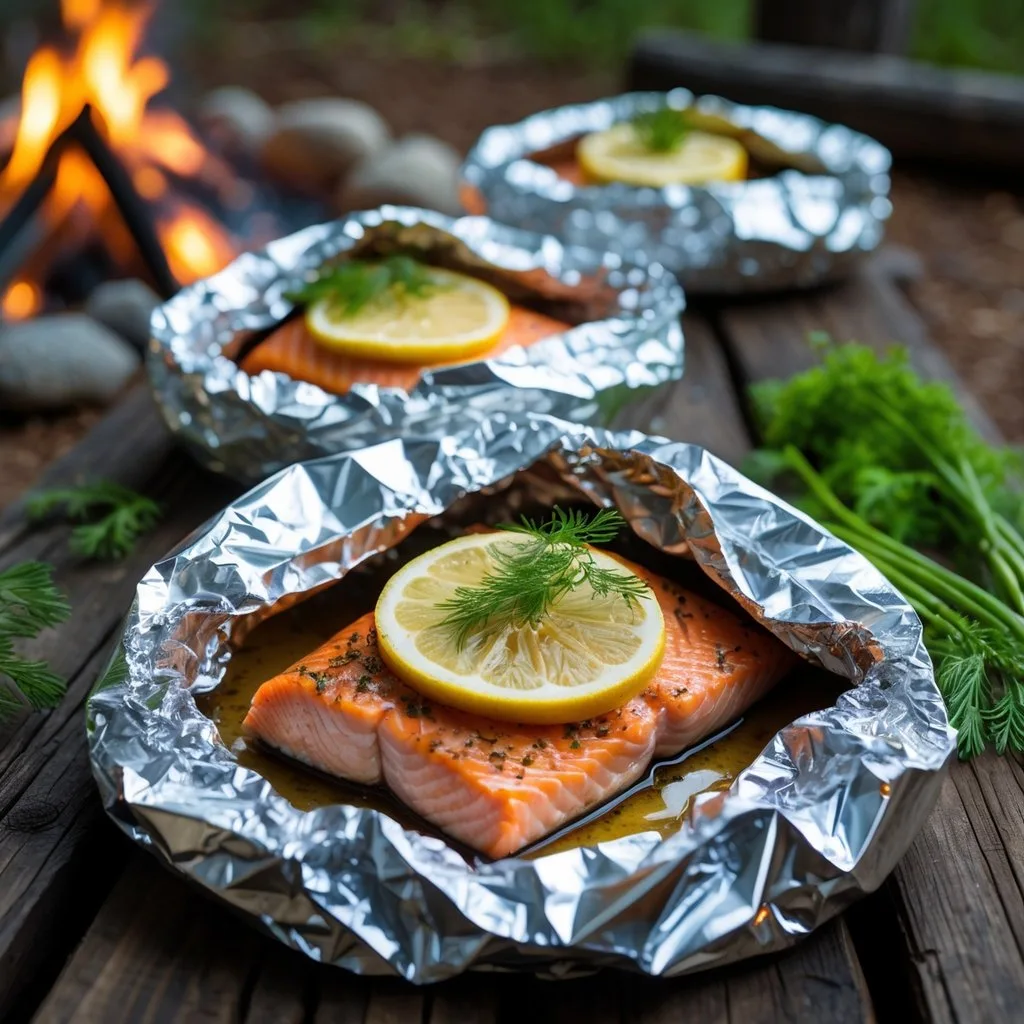 Grilled salmon packets wrapped in foil with lemon slices and dill on a wooden picnic table near a campfire in a forest setting.
