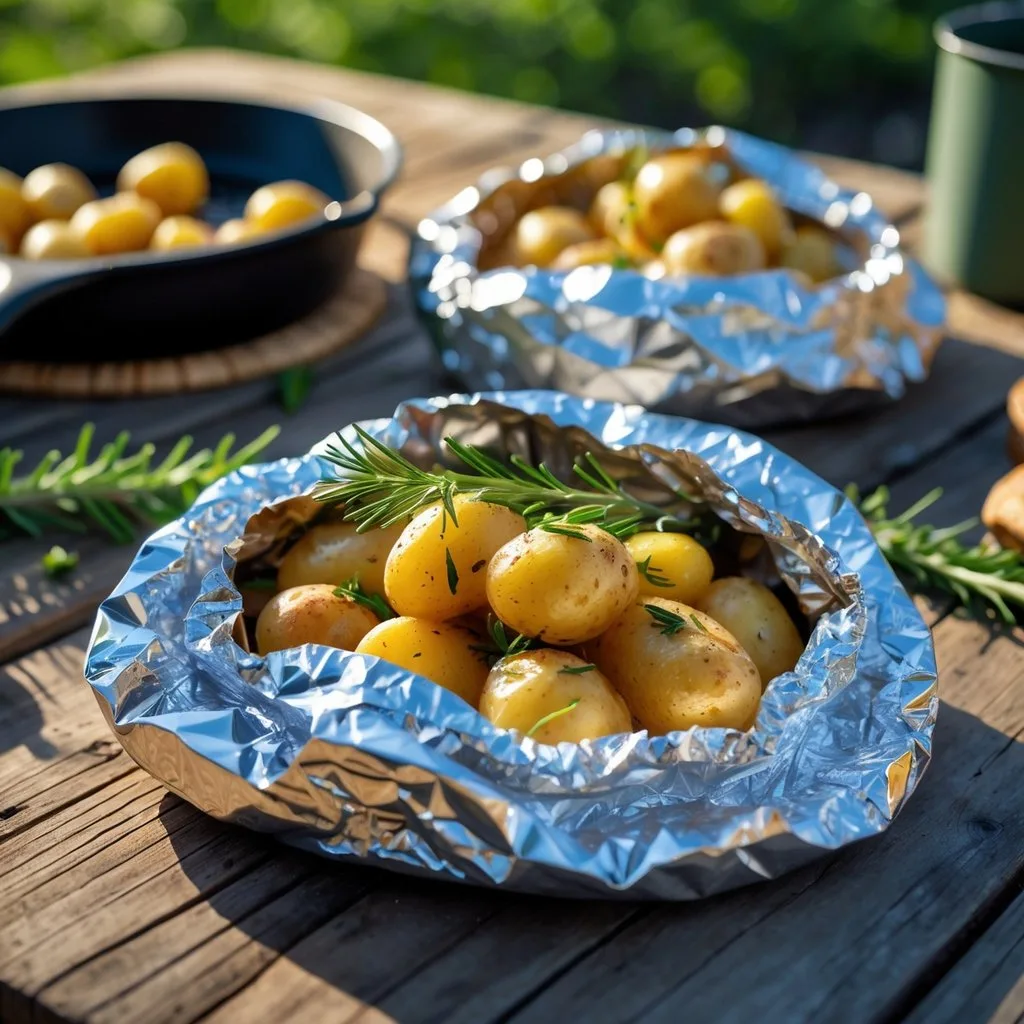 Foil packets of cooked potatoes with rosemary and garlic on a wooden table outdoors.
