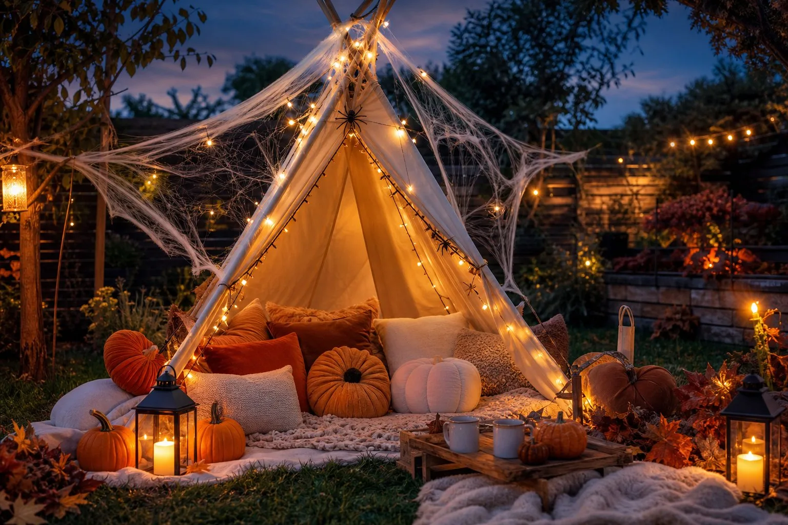 A cozy Halloween-decorated teepee tent with fairy lights, spider webs, pumpkin pillows, and autumn accents.