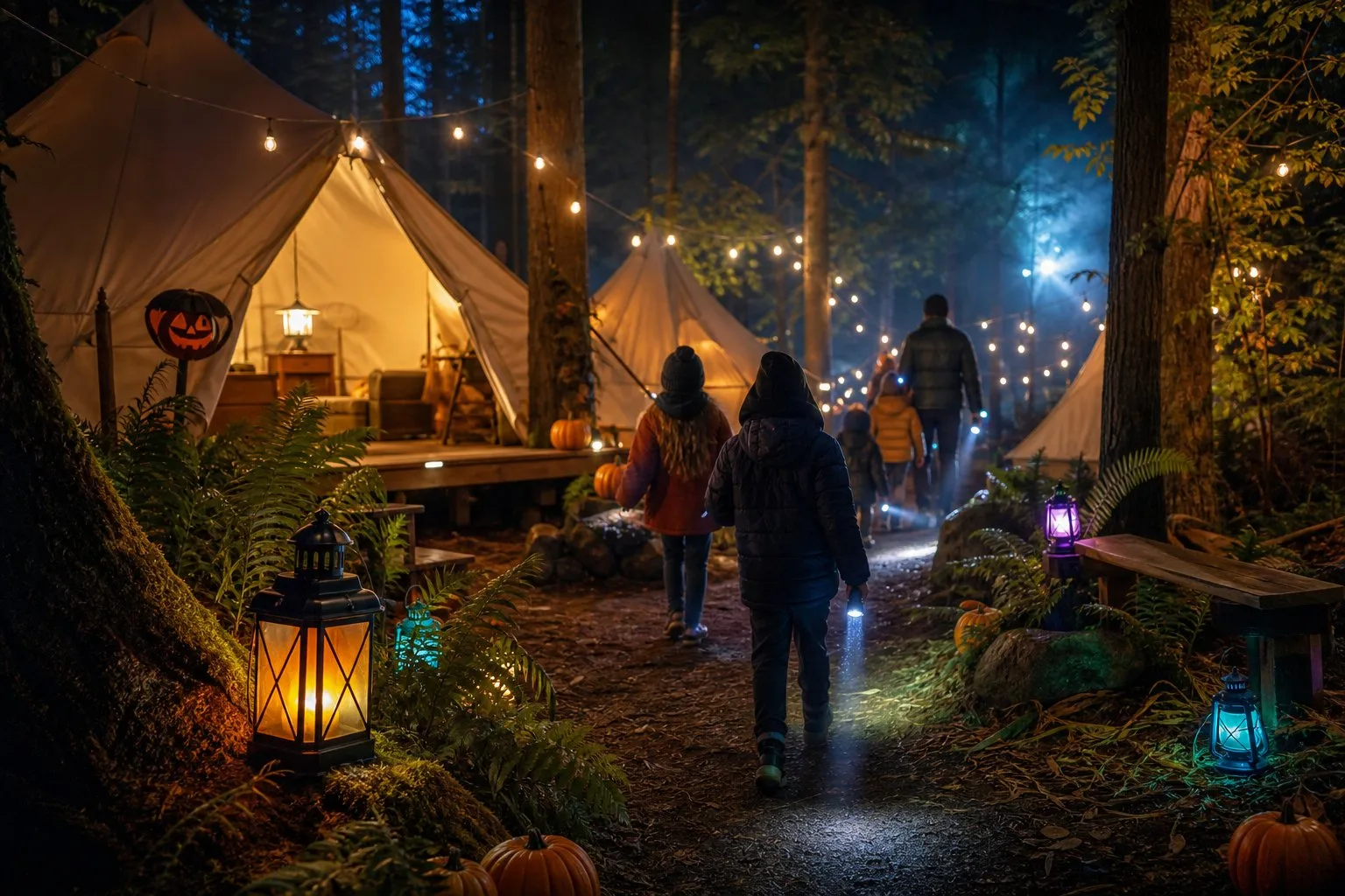 Families search for glowing lanterns along a decorated campsite at night.