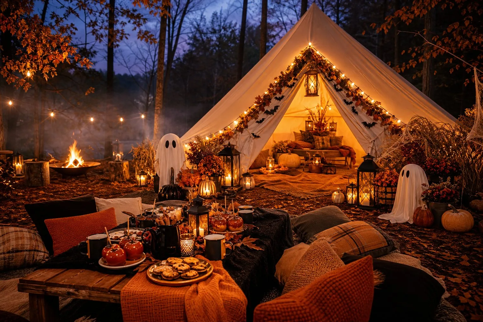 A cozy Halloween glamping campsite with a glowing tent, pumpkins, lanterns, autumn trees, and a decorated party table.