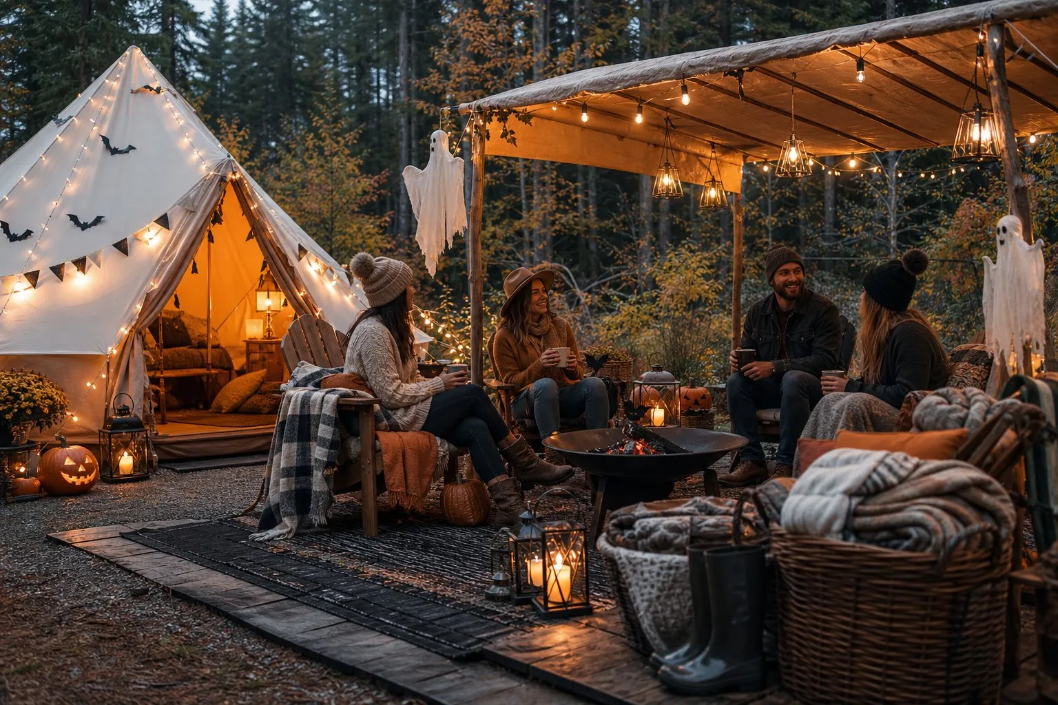 People enjoy a cozy Halloween glamping party under a covered campsite shelter with blankets, lanterns, pumpkins, and warm drinks.