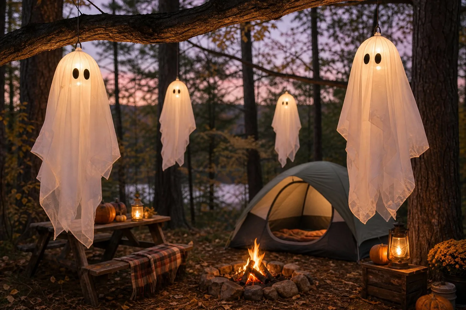 White cloth ghost lanterns glowing from tree branches at a cozy Halloween campsite.
