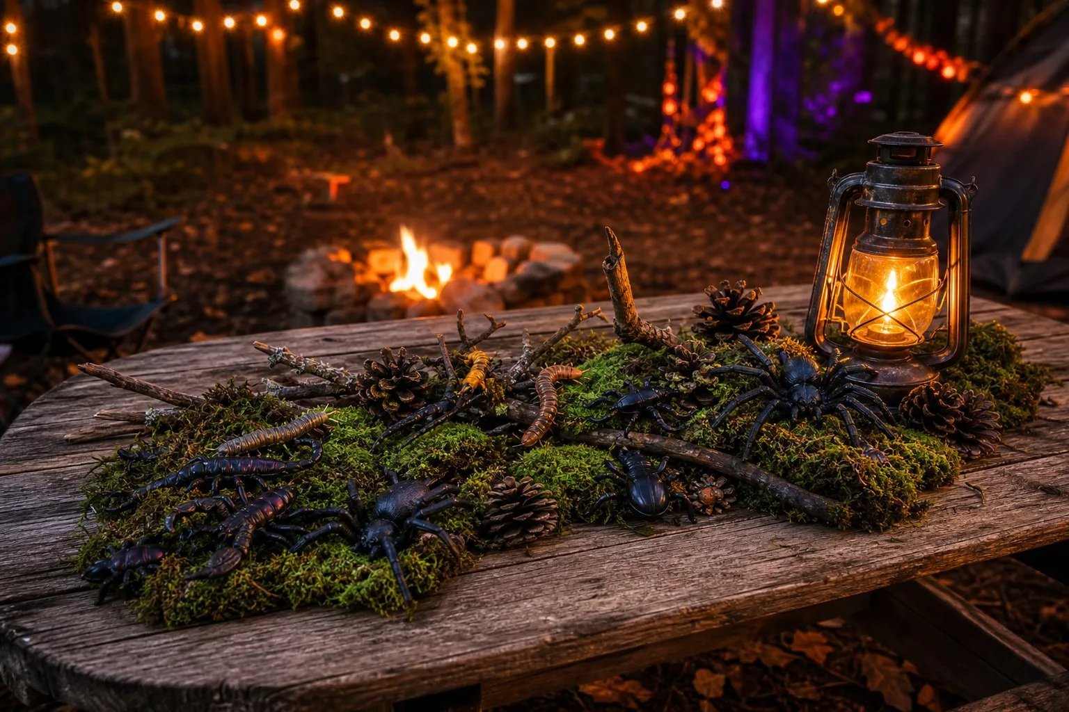 A campsite table centerpiece decorated with fake spiders, bugs, moss, twigs, and pinecones.
