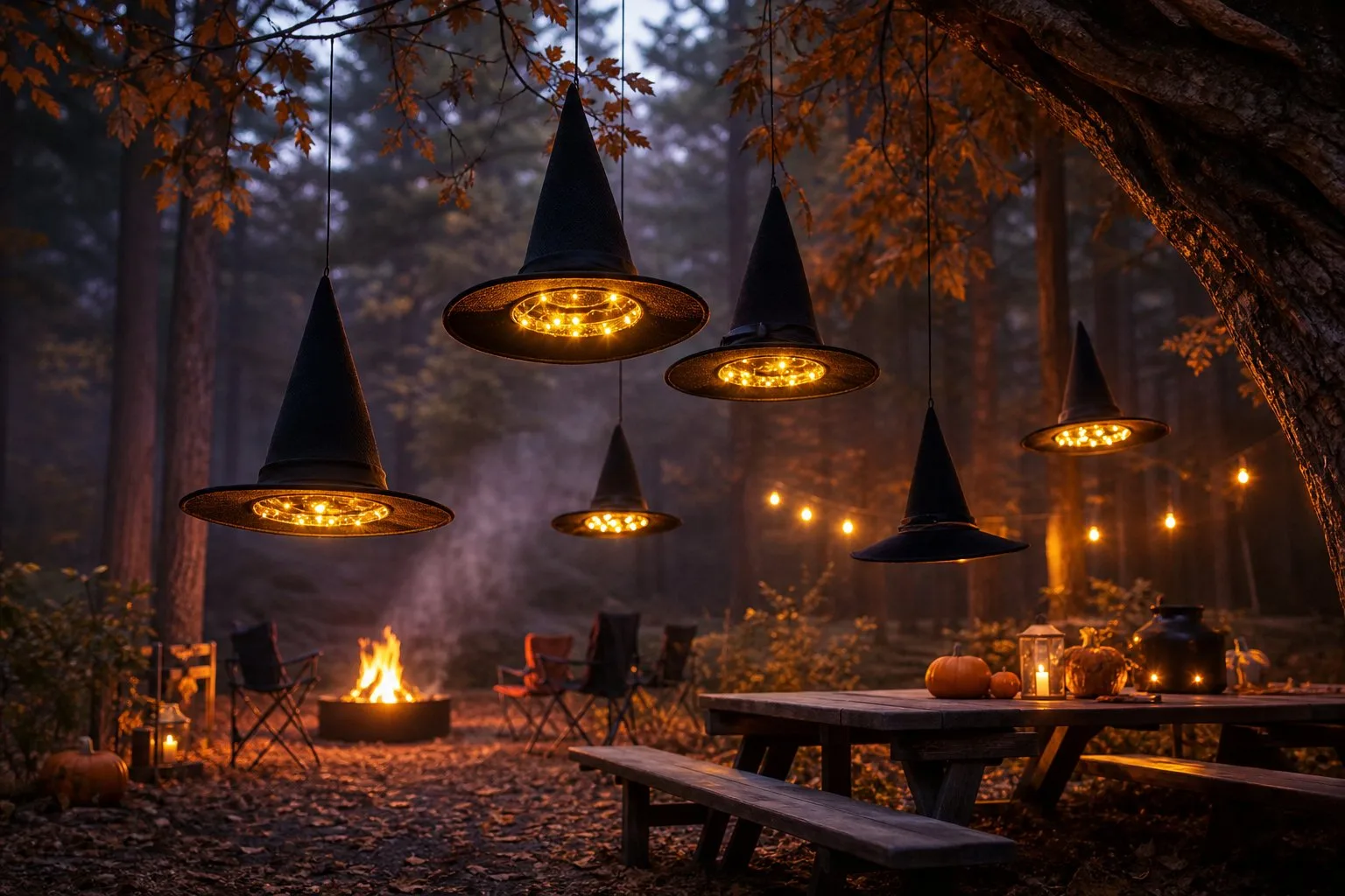 Upside-down witch hats with glowing string lights hang above a decorated forest campsite at dusk.