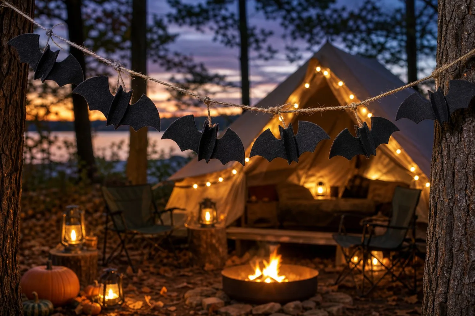 A bat garland hangs above a warmly lit Halloween campsite at dusk.