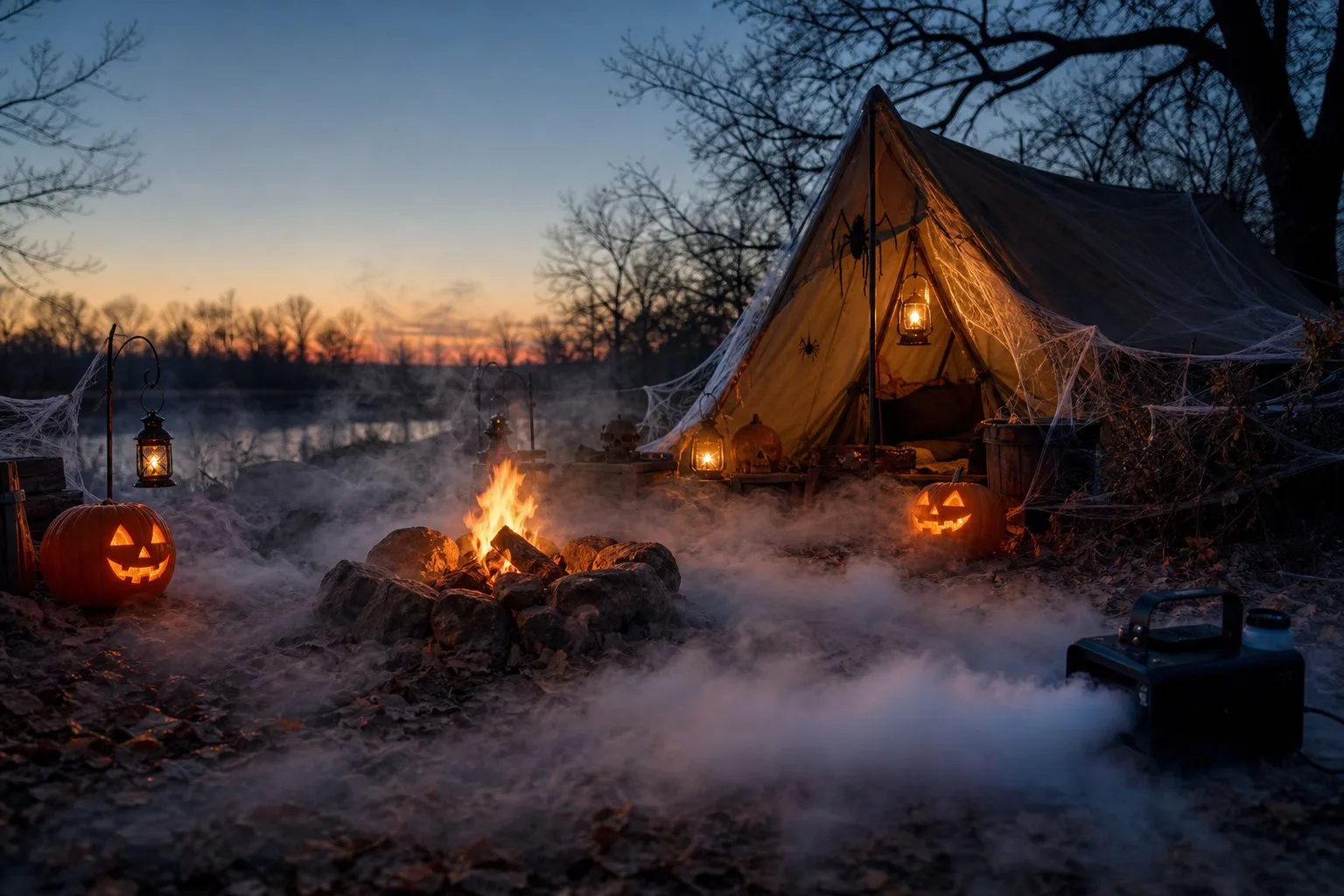 A decorated Halloween campsite surrounded by spooky fog, glowing lanterns, pumpkins, and a campfire.