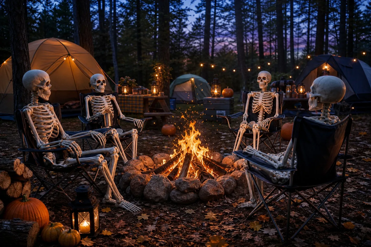 Plastic skeletons sit in camping chairs around a glowing fire pit at a wooded Halloween campsite.