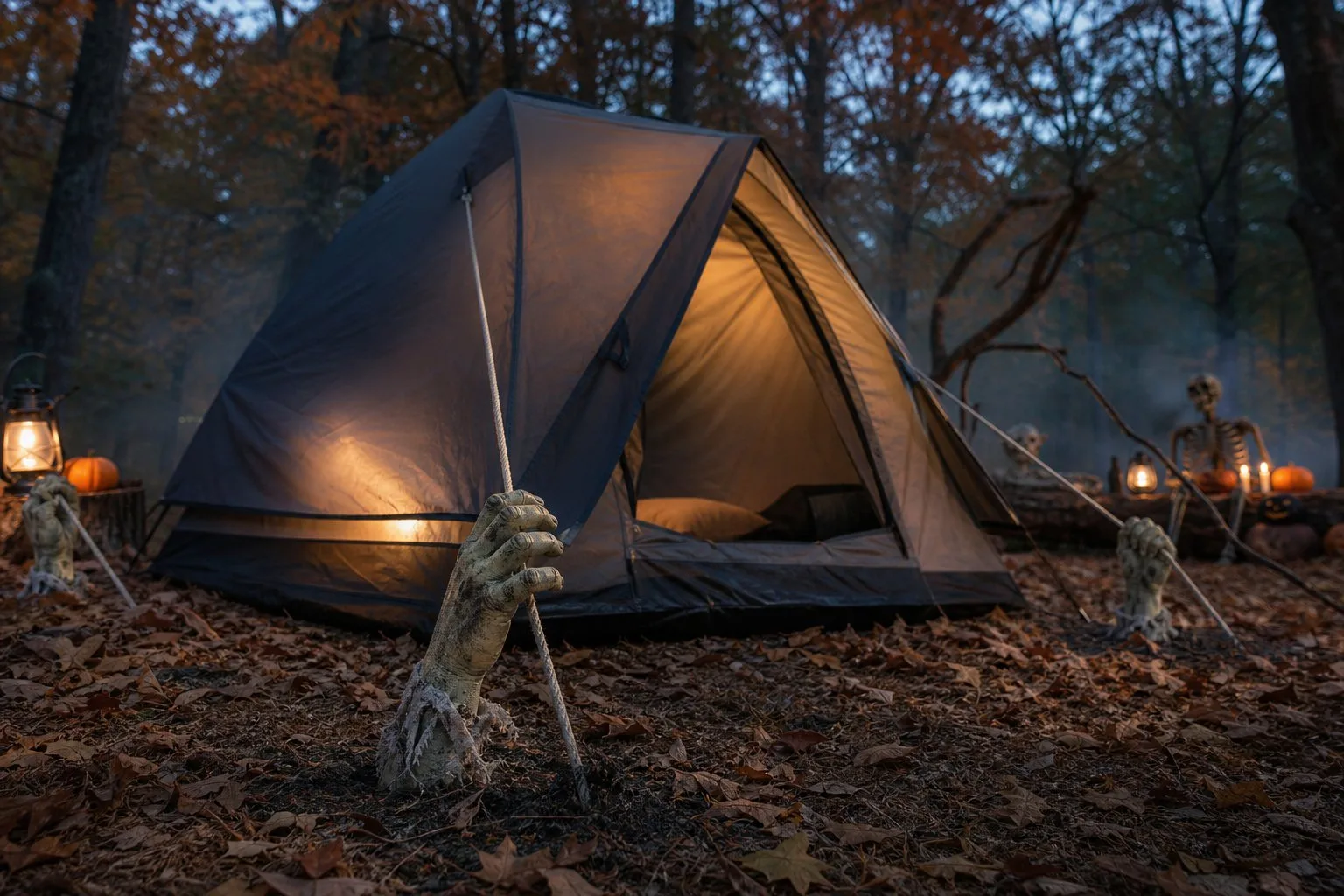 A camping tent at dusk with fake zombie hands gripping its guy lines as spooky tent stakes.