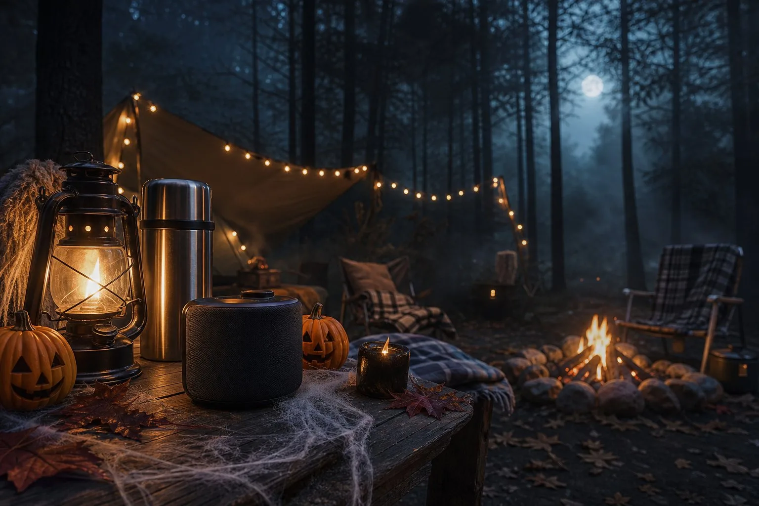 A portable speaker sits on a decorated table at a misty Halloween campsite in a moonlit forest.