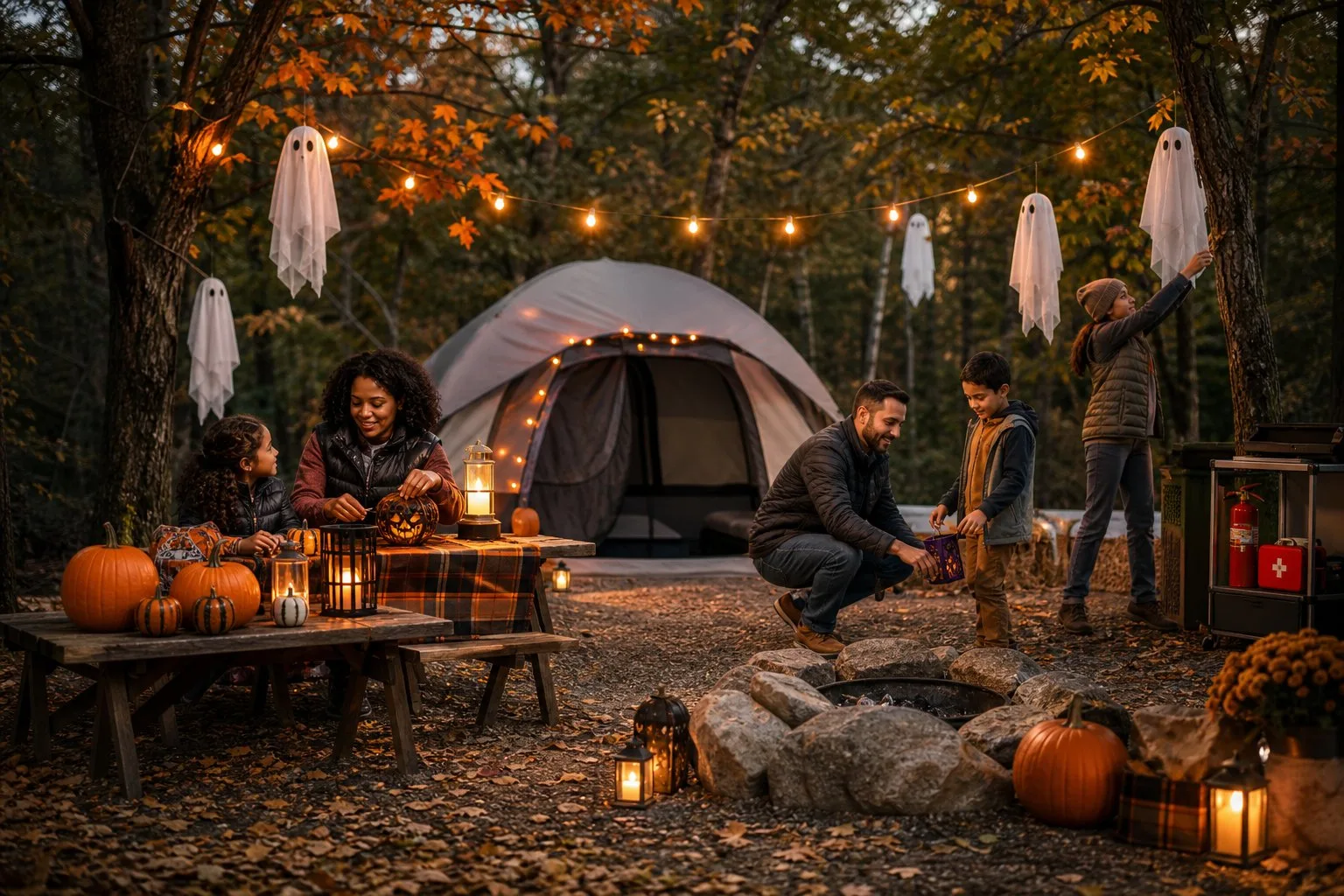 A family-friendly campsite decorated with pumpkins, lanterns, and secured Halloween decorations in a wooded campground.
