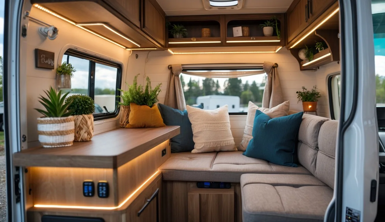 Interior of a small camper with warm smart lighting, handmade decor, and organized functional upgrades.