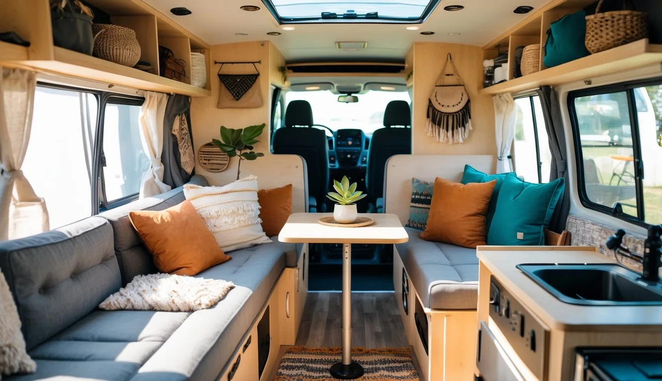 Interior of a small camper van with cozy seating, a foldable table, storage shelves, and natural light coming through open windows.