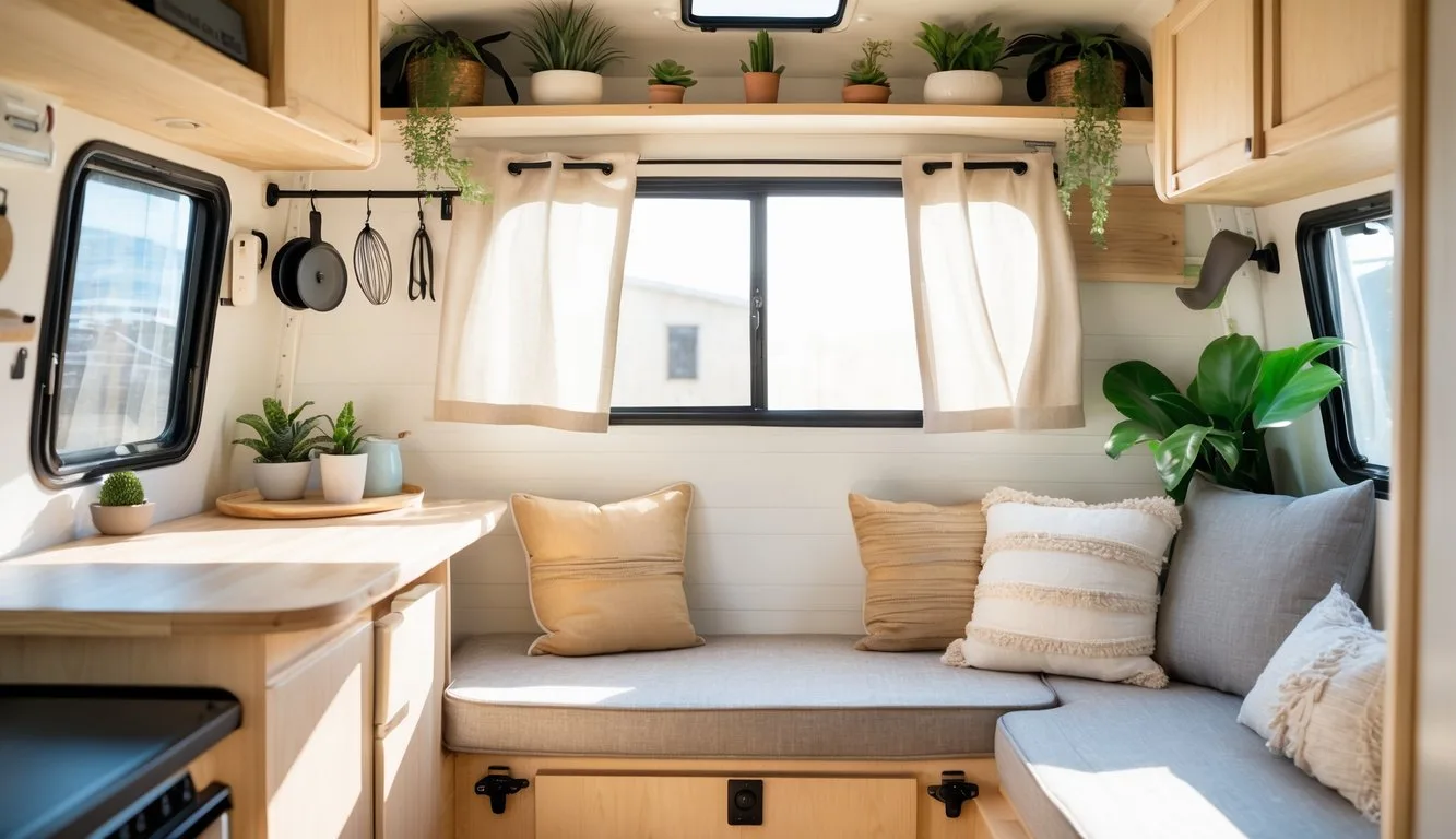 Interior of a small camper with wooden cabinets, cushions on a bench seat, shelves with plants, and practical storage solutions.