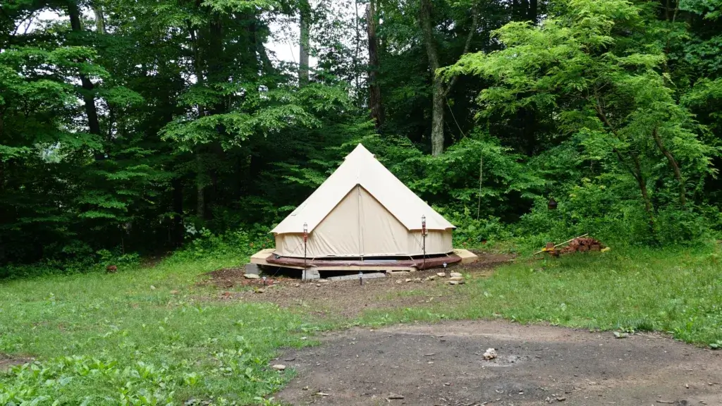 Bell tent on a wooden platform surrounded by grass and lush trees.