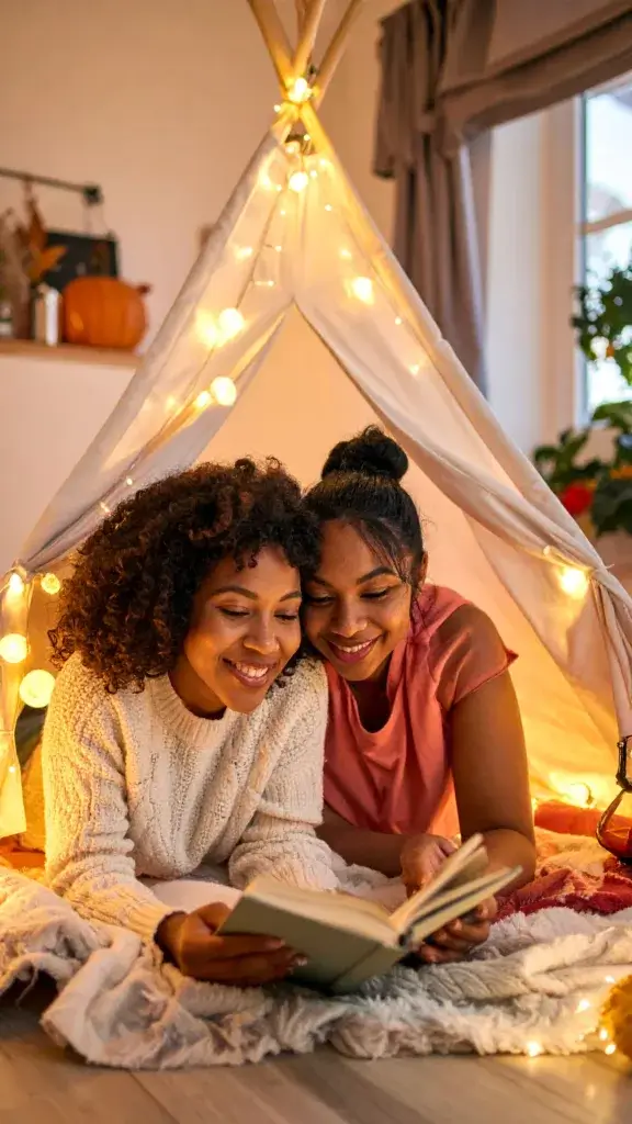 Biracial same sex couple snuggled together inside a small indoor tent reading a book together.