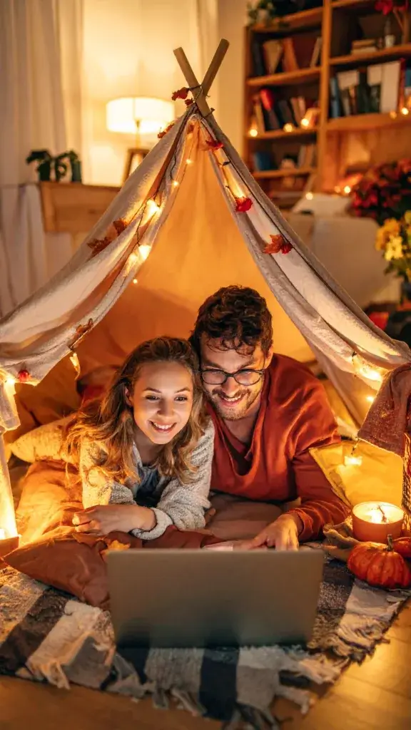Couple lying together in a cozy blanket fort tent watching a movie on a laptop.