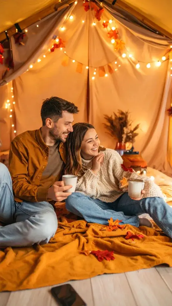 Couple sitting on a blanket inside a small indoor camping tent playing games.