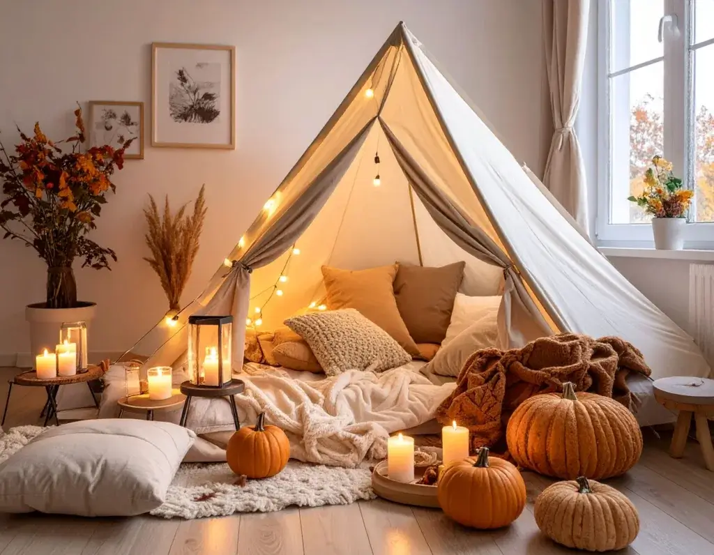 Cozy indoor camping setup for couples with a camping tent and autumn decorations.