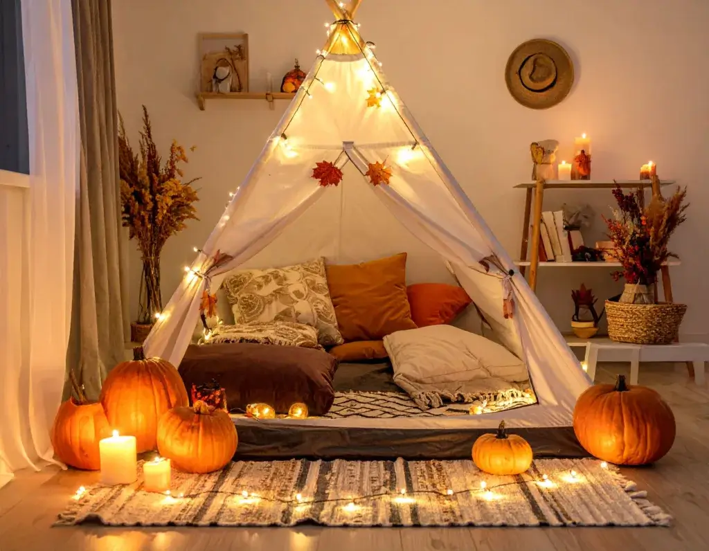 Cozy indoor camping setup in the living room with autumn decorations.