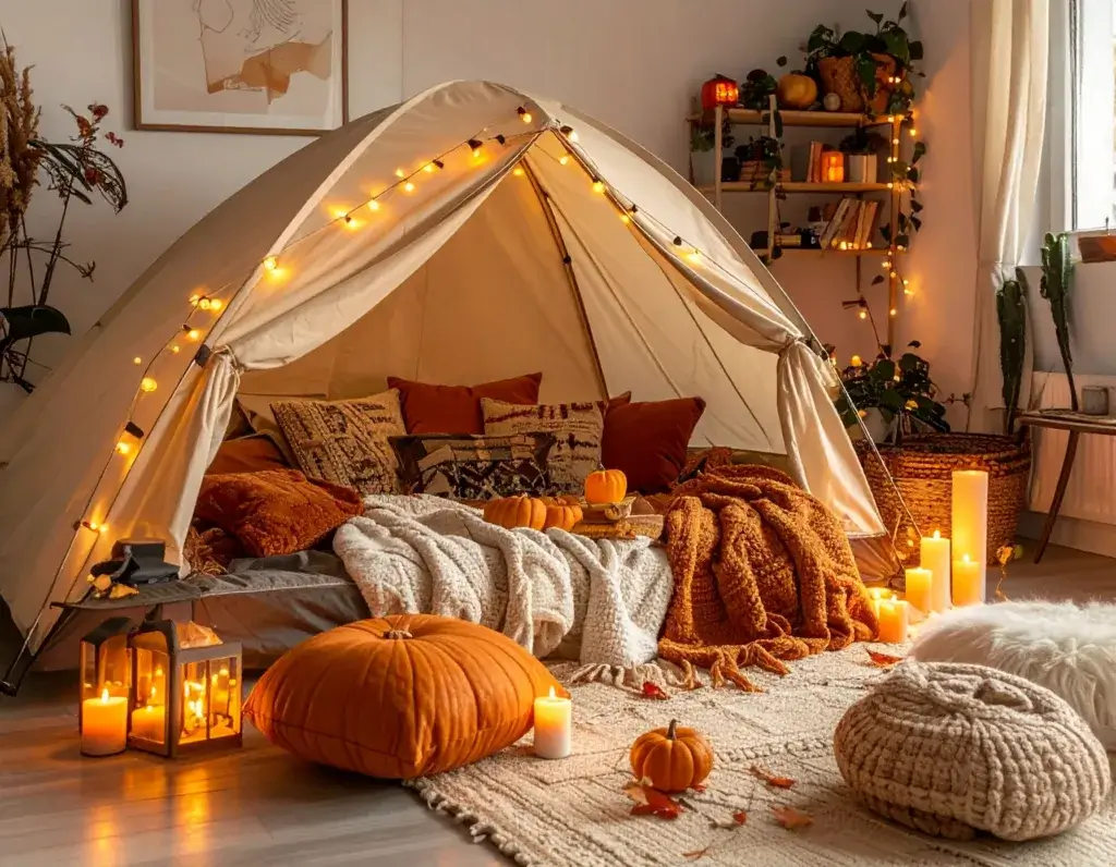 Cozy indoor camping setup surrounded by autumn decorations.