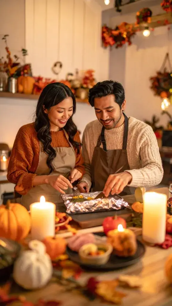 Couple cooking foil packet dinners together indoors by candlelight.