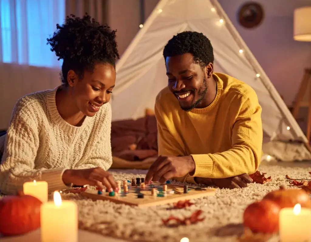 Couple playing board games together in the living room surrounded by fall decorations.