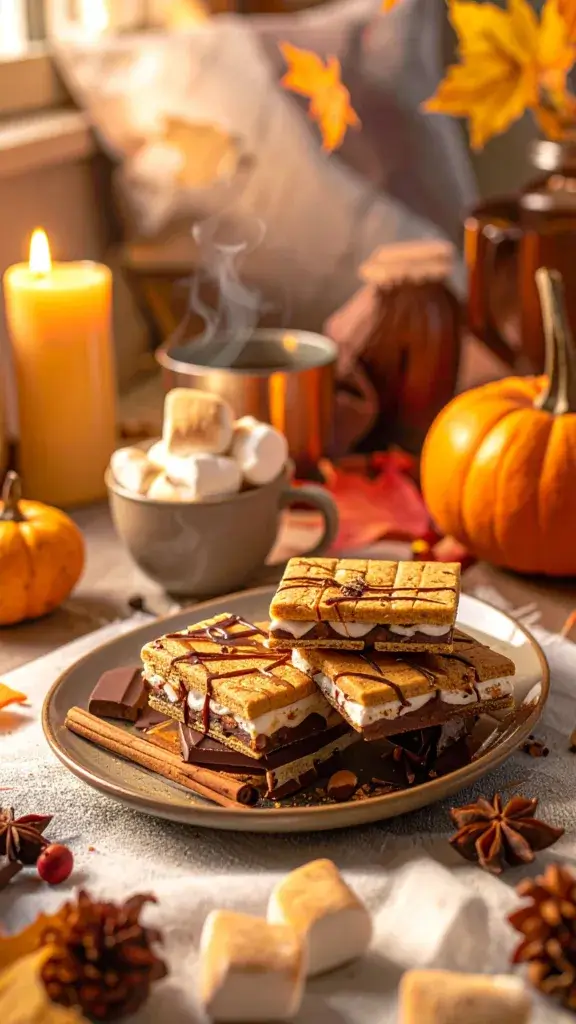 Autumn inspired S'mores with pumpkin spice and cinnamon graham crackers.