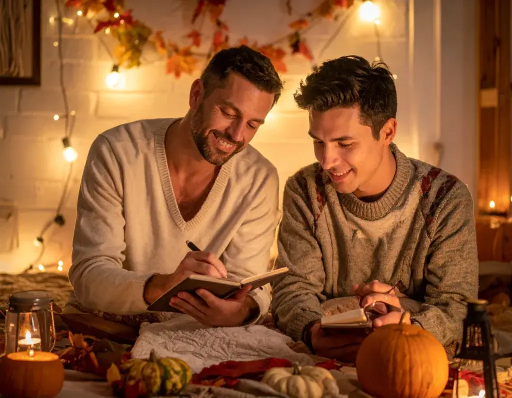 Same sex couple indoors on a blanket writing notes with each other surrounded by autumn decor.