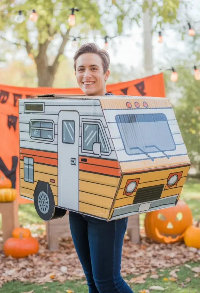 A person wearing a cardboard RV camper box costume with painted details and wheels, standing outdoors in a Halloween setting.
