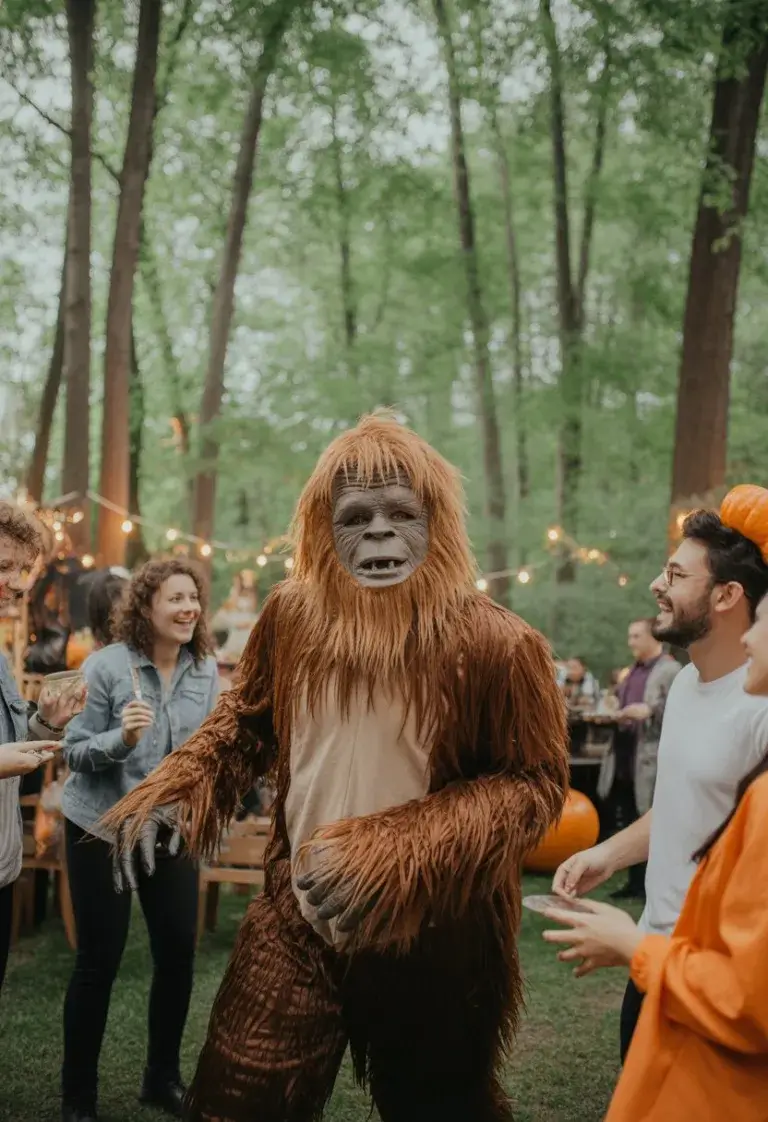 Person dressed in a sasquatch costume at a halloween party surrounded by trees