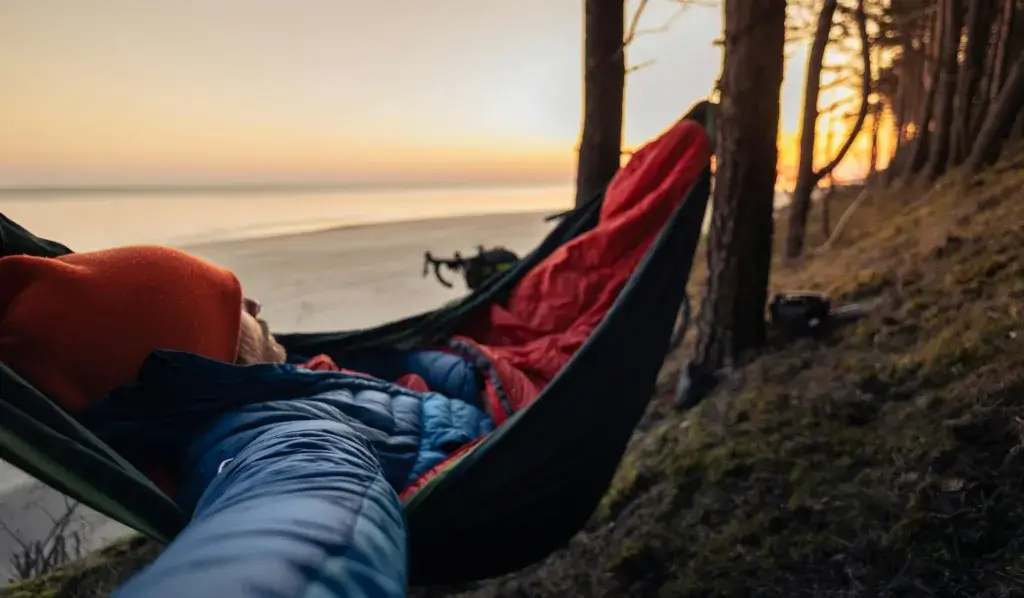Person sleeping in hammock on forested beach at sunset, enjoying outdoor leisure.