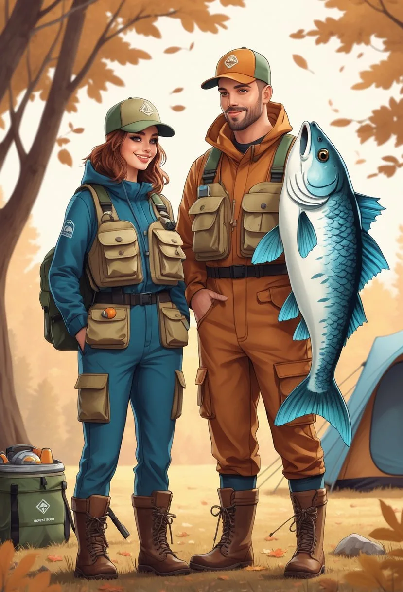 Two people dressed in fishing-themed Halloween costumes standing outdoors near a campsite, one wearing a fishing vest and the other holding a stuffed fish.