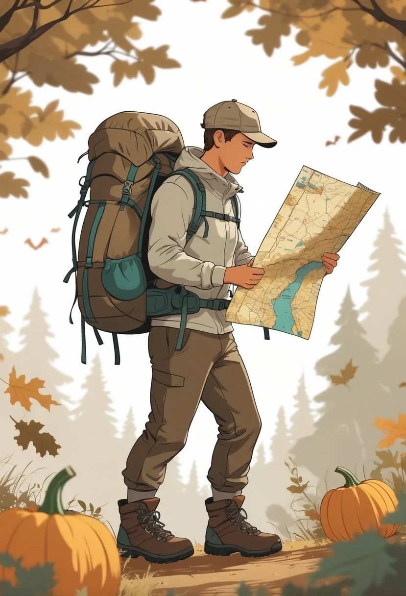 A backpacker wearing hiking boots and carrying a small backpack, holding a map outdoors with autumn leaves in the background.