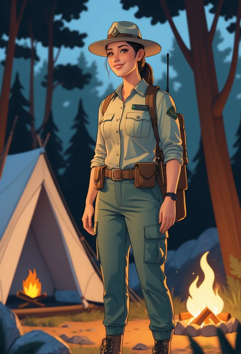 A person dressed as a trail guide wearing a ranger hat and carrying a walkie-talkie, standing outdoors near camping gear and trees.