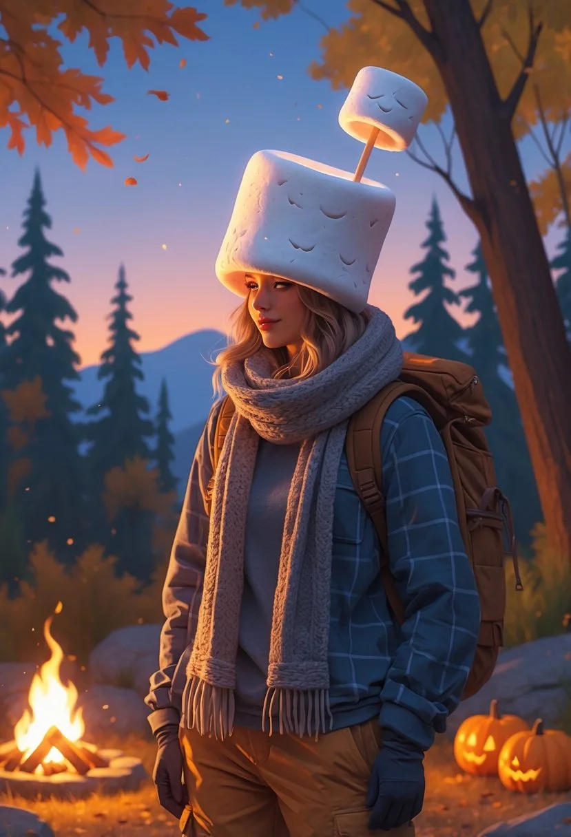 Person wearing a marshmallow on a stick hat and cozy campfire clothes standing near a campfire in an autumn forest with fall leaves and pumpkins.