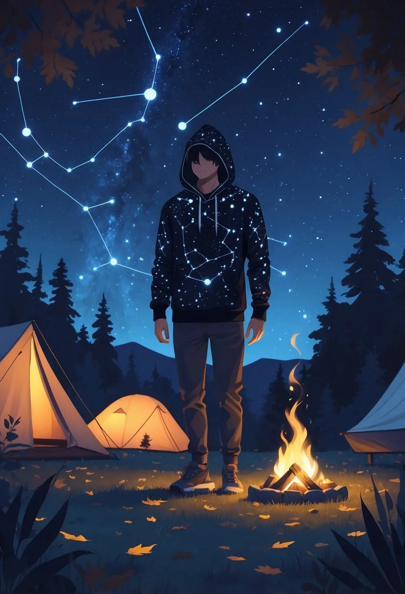 Person wearing a dark hoodie with constellation patterns, standing outdoors at night near a campfire and tent under a starry sky.