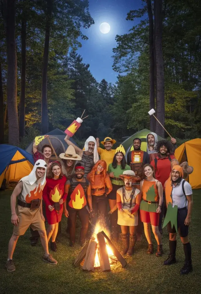 A group of people in twenty different Halloween costumes inspired by camping, standing and posing at a forest campsite with tents, a campfire, trees, and a full moon in the sky.