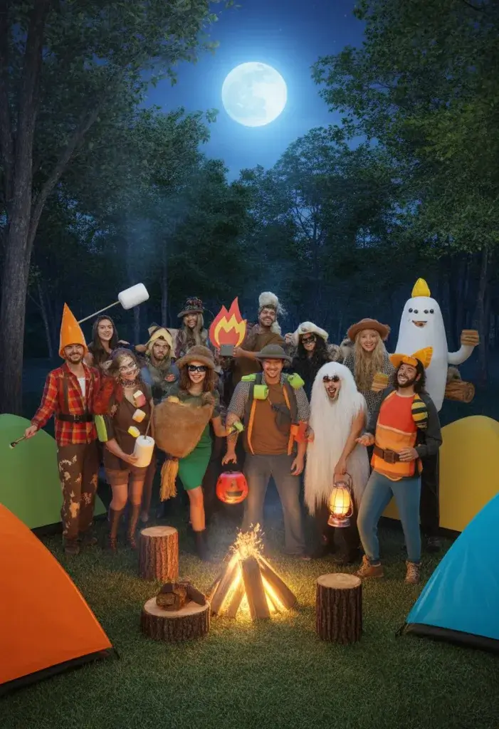 A group of people in twenty different Halloween costumes inspired by camping, standing and posing at a forest campsite with tents, a campfire, trees, and a full moon in the sky.