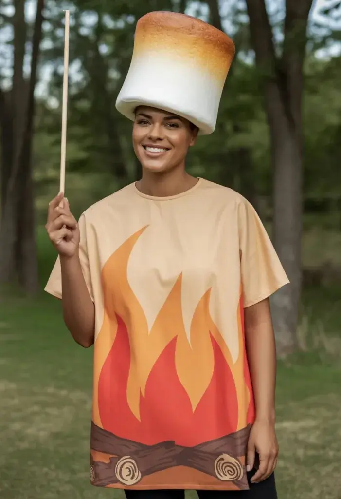 A person wearing a campfire-inspired dress with orange and red flames and a toasted marshmallow hat, standing outdoors with trees in the background.