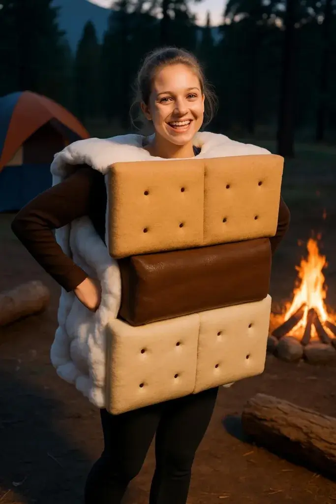 A group of people in twenty different Halloween costumes inspired by camping, standing and posing at a forest campsite with tents, a campfire, trees, and a full moon in the sky.