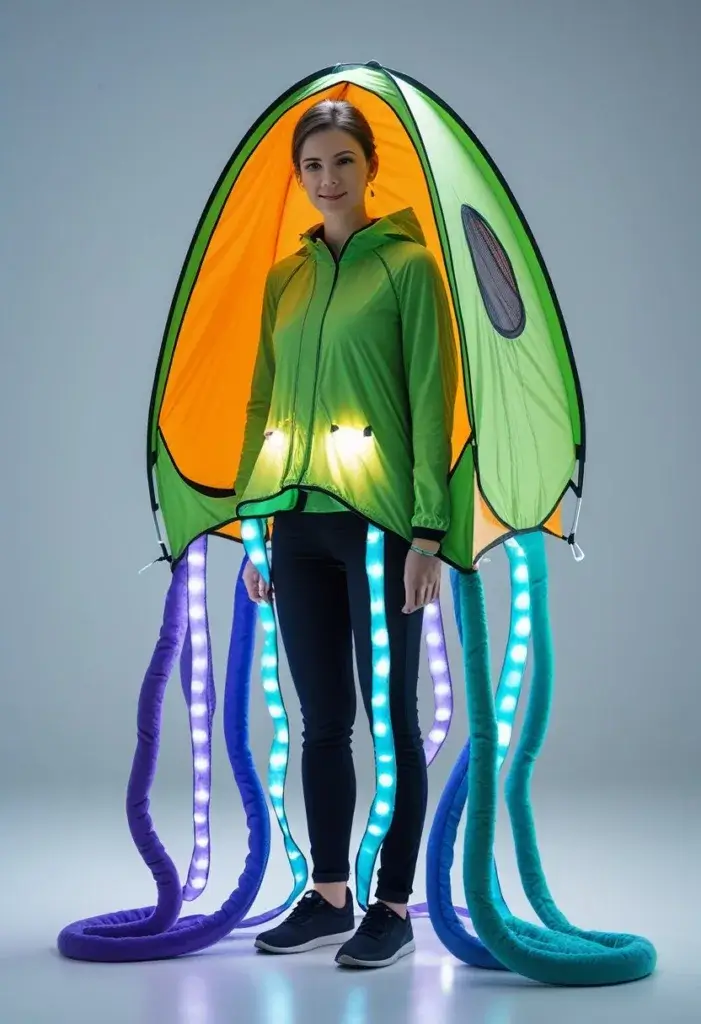diy tent tentacle costume. Start with lightweight tent fabric in green or orange. Shape it into a dome that fits over your torso, just like a real tent. Attach colorful fabric tentacles to the bottom edge of the dome. Use flowing strips of purple, blue, or teal for that ocean creature vibe. String battery-powered LED lights inside the tent and along each tentacle.