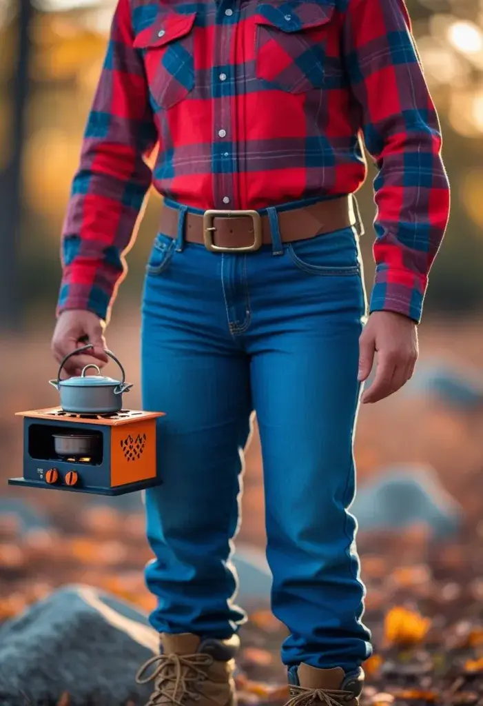 Crafty Camper costume with a mini camping stove prop and red plaid shirt, wearing jeans and hiking boots halloween costume.