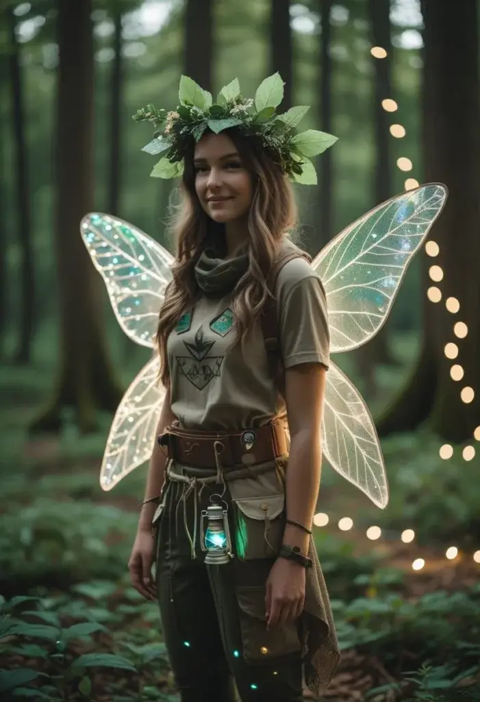 A forest fairy wearing a leaf crown and shimmering wings stands in a forest clearing dressed in a camping-themed Halloween costume surrounded by trees and glowing lights.