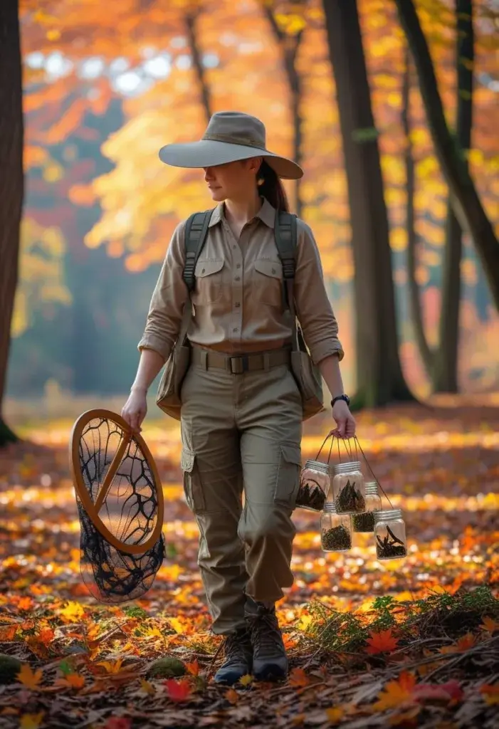 A child dressed as a bug catcher holding a butterfly net and carrying jars with insects in a forest with autumn leaves.