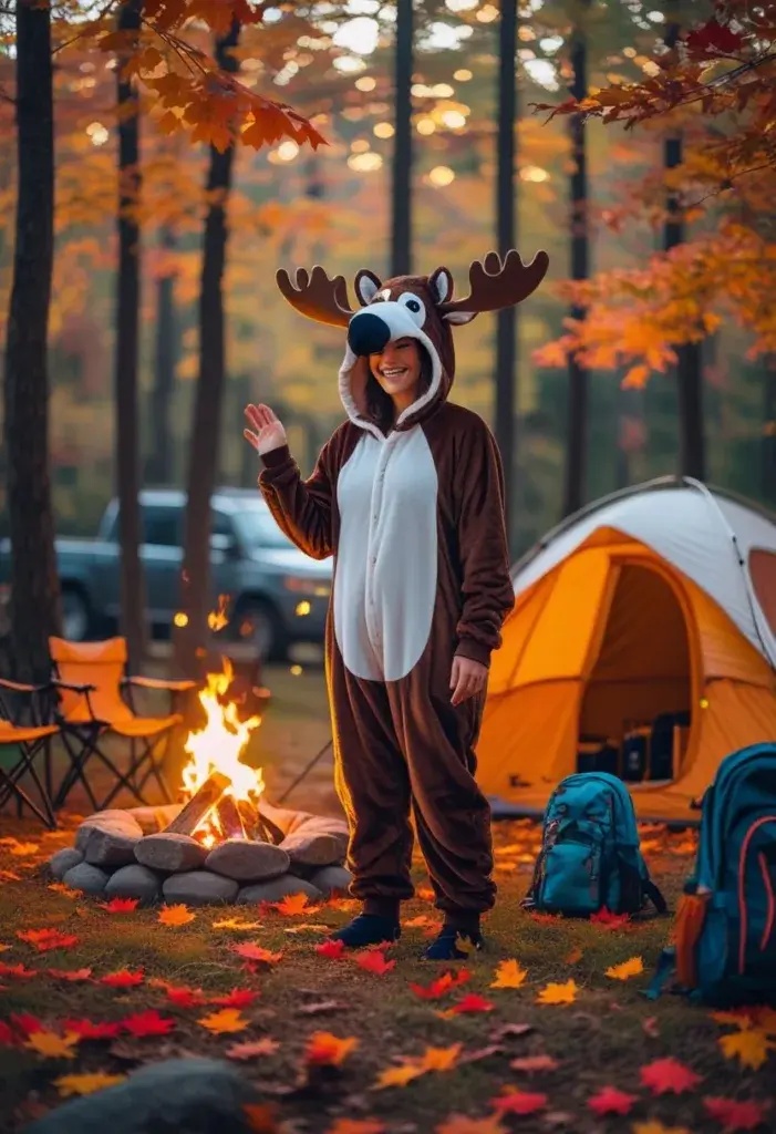 A cute deer or moose onesie displayed in a warm autumn forest campsite with fall leaves, a campfire, and camping gear.