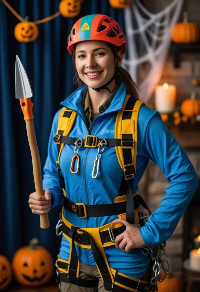 A person dressed as a mountain climber wearing a harness and holding a fake ice pick, standing on rocky terrain near camping gear with Halloween decorations around.